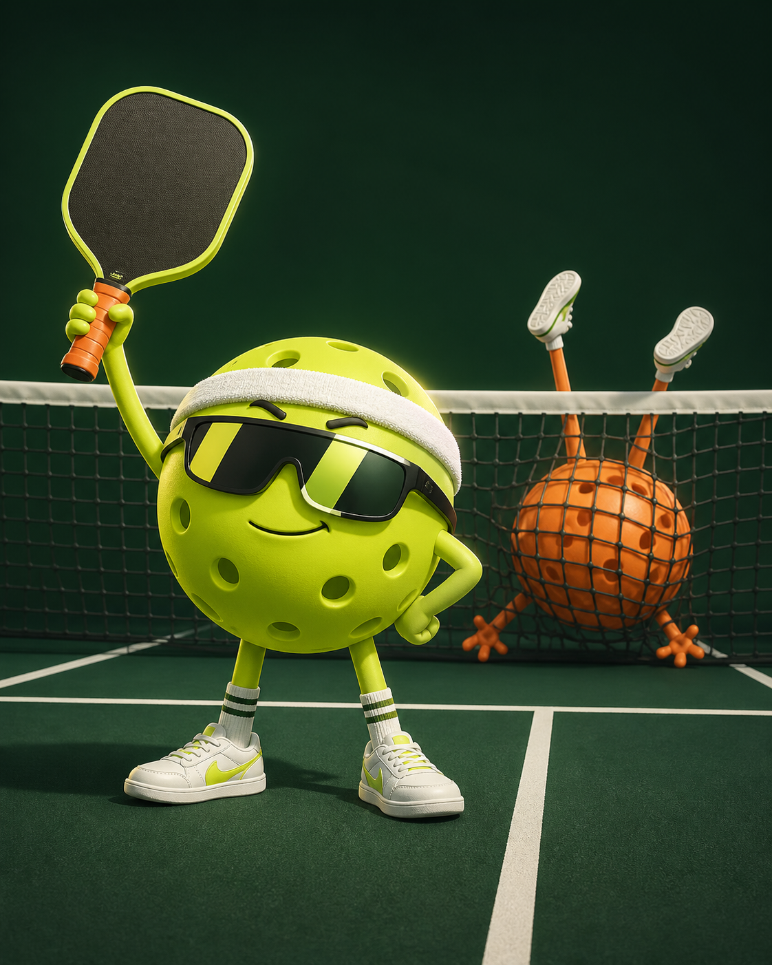 A smug pickleball celebrates while another gets tangled in the net